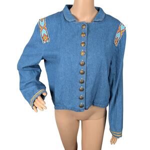 VTG Double D Ranch Denim Jacket M Beaded Native American Western Cowgirl Rodeo